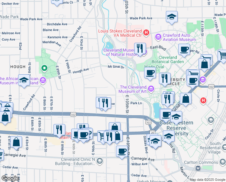 map of restaurants, bars, coffee shops, grocery stores, and more near 9745 Woodward Avenue in Cleveland
