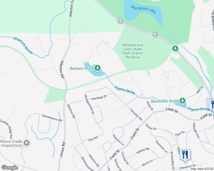 map of restaurants, bars, coffee shops, grocery stores, and more near 320 Wedgewood Drive in Naugatuck