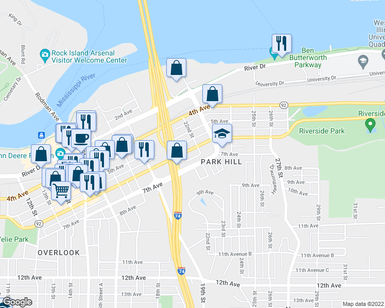 map of restaurants, bars, coffee shops, grocery stores, and more near 2118 6th Avenue in Moline
