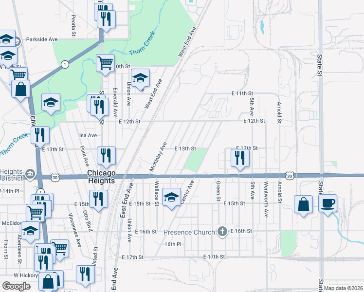 map of restaurants, bars, coffee shops, grocery stores, and more near 1237 Washington Avenue in Chicago Heights