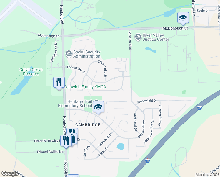 map of restaurants, bars, coffee shops, grocery stores, and more near 3309 Winterberry Drive in Joliet