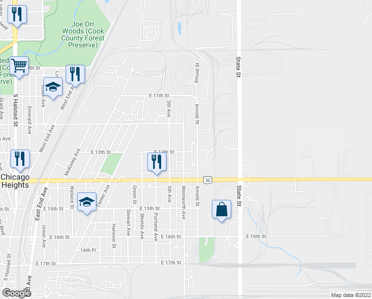 map of restaurants, bars, coffee shops, grocery stores, and more near 1231 Wentworth Avenue in Chicago Heights