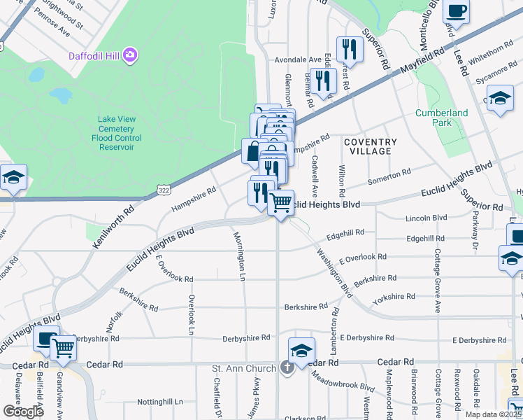 map of restaurants, bars, coffee shops, grocery stores, and more near 2767 Euclid Heights Boulevard in Cleveland Heights