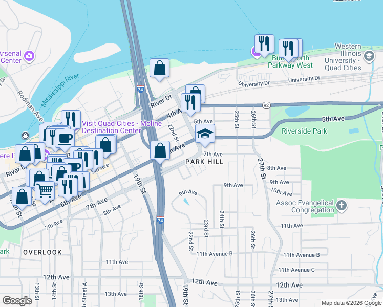 map of restaurants, bars, coffee shops, grocery stores, and more near 2201 7th Avenue in Moline