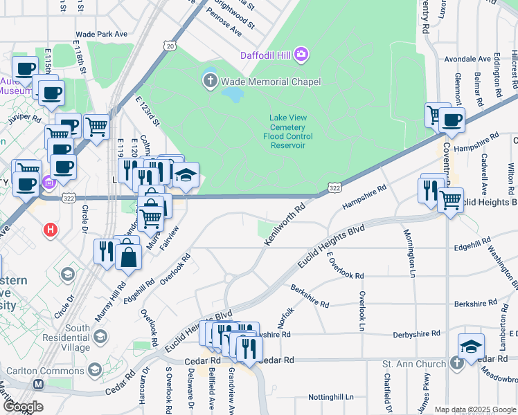 map of restaurants, bars, coffee shops, grocery stores, and more near 2477 Overlook Road in Cleveland Heights