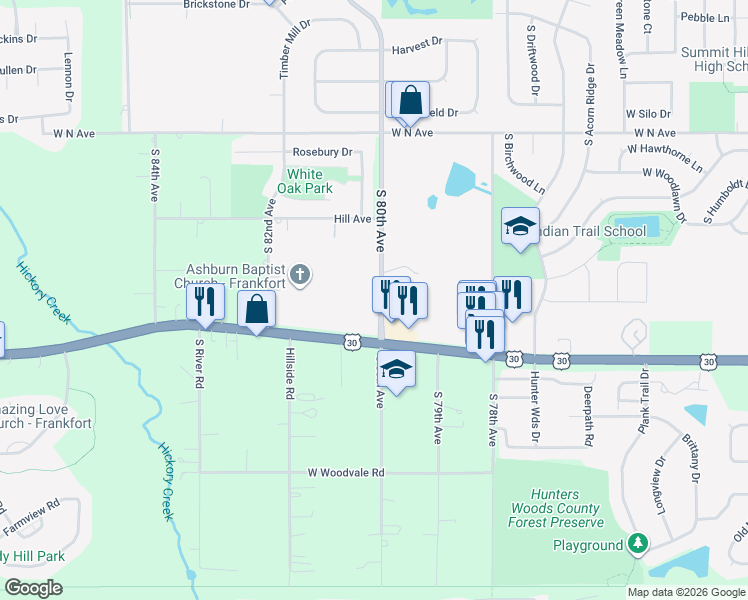 map of restaurants, bars, coffee shops, grocery stores, and more near 20962 South 80th Avenue in Frankfort
