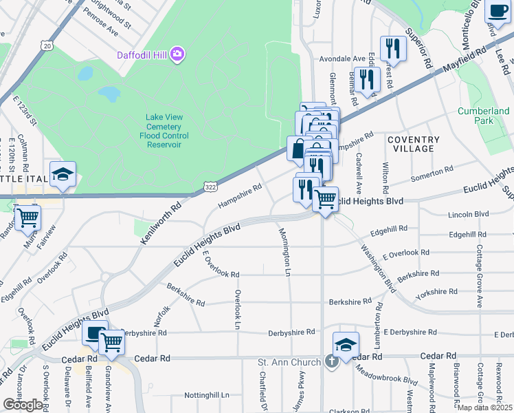 map of restaurants, bars, coffee shops, grocery stores, and more near 2685 Euclid Heights Boulevard in Cleveland