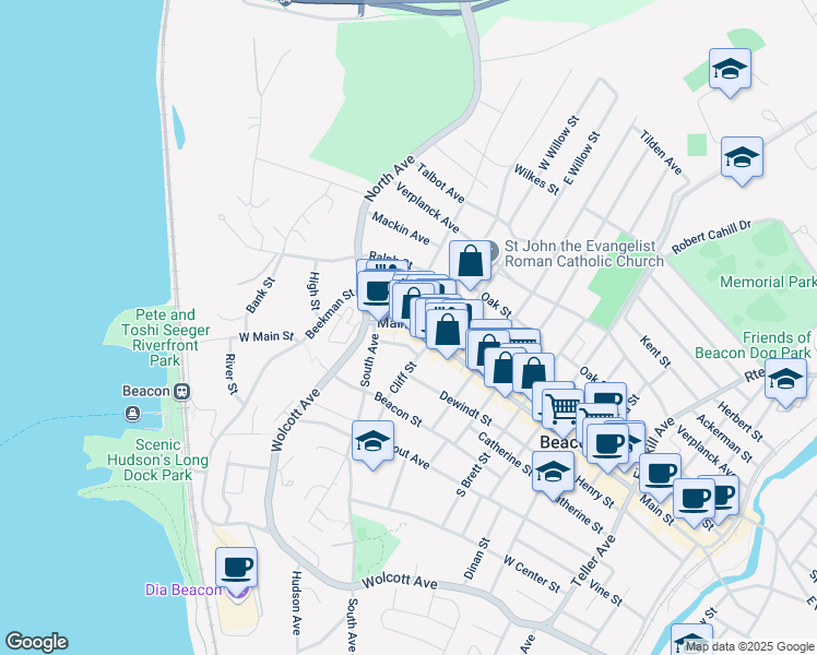 map of restaurants, bars, coffee shops, grocery stores, and more near 171 Main Street in Beacon
