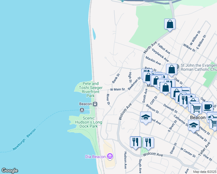 map of restaurants, bars, coffee shops, grocery stores, and more near 8 West Main Street in Beacon