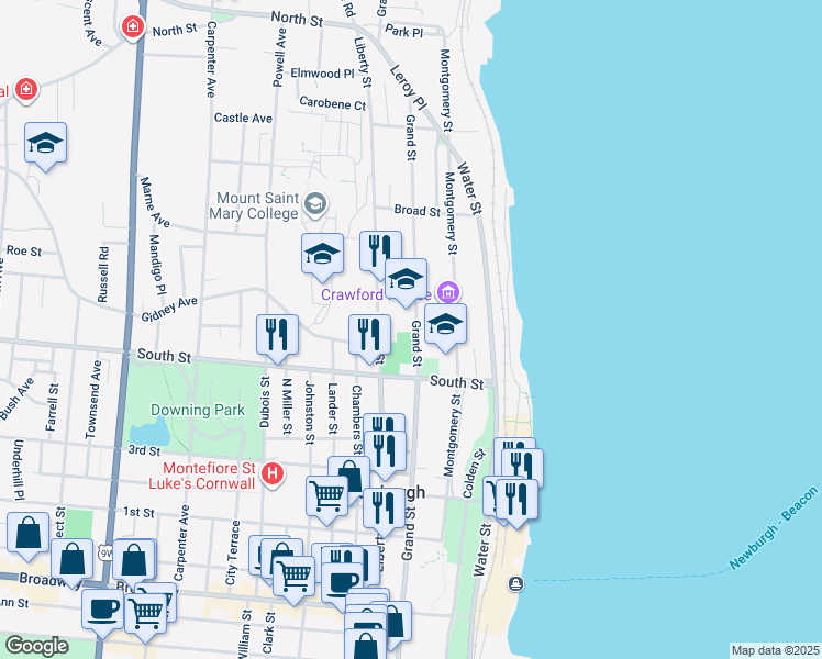 map of restaurants, bars, coffee shops, grocery stores, and more near 326 Liberty Street in Newburgh