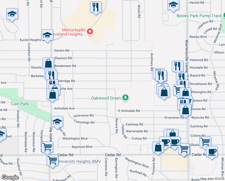 map of restaurants, bars, coffee shops, grocery stores, and more near 3686 Blanche Avenue in Cleveland