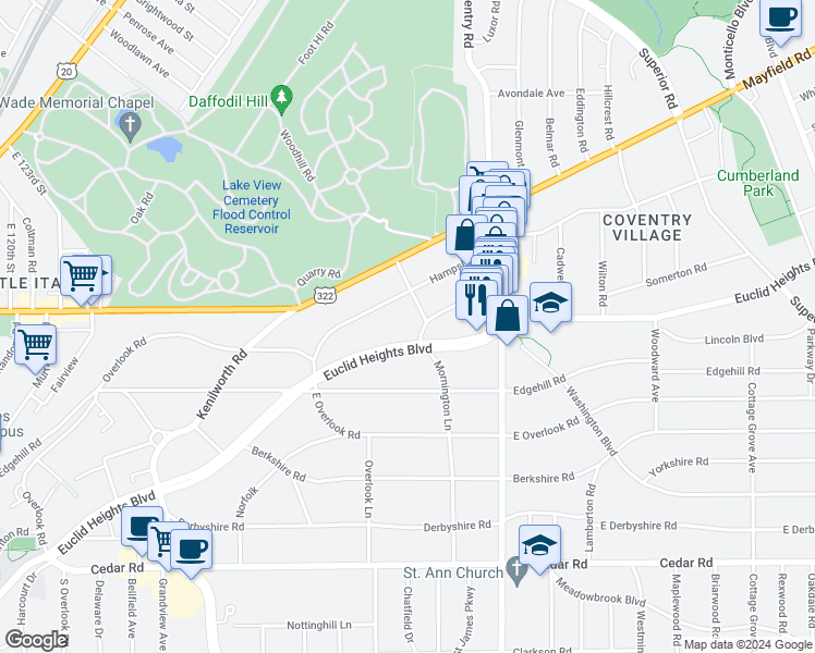 map of restaurants, bars, coffee shops, grocery stores, and more near 2697 Euclid Heights Boulevard in Cleveland