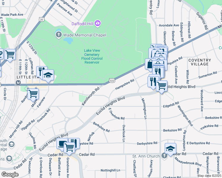 map of restaurants, bars, coffee shops, grocery stores, and more near 2614 Hampshire Road in Cleveland Heights