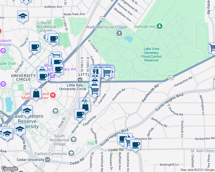 map of restaurants, bars, coffee shops, grocery stores, and more near 12408 Mayfield Road in Cleveland
