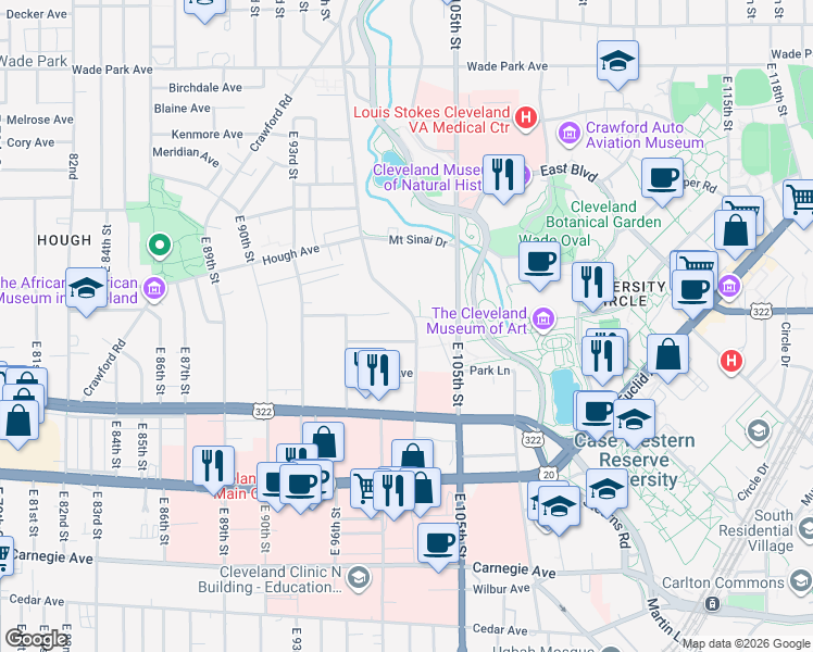 map of restaurants, bars, coffee shops, grocery stores, and more near 9745 Woodward Avenue in Cleveland