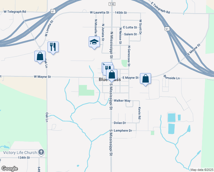 map of restaurants, bars, coffee shops, grocery stores, and more near 117 W Garonne St in Blue Grass