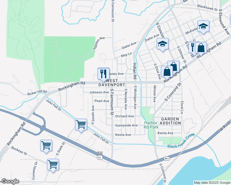 map of restaurants, bars, coffee shops, grocery stores, and more near 3641 Johnson Ave in Davenport