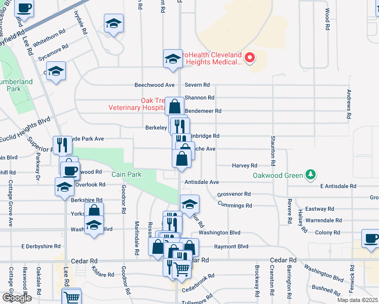 map of restaurants, bars, coffee shops, grocery stores, and more near 3484 Blanche Avenue in Cleveland Heights