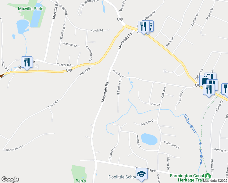 map of restaurants, bars, coffee shops, grocery stores, and more near 150 North Timber Lane in Cheshire