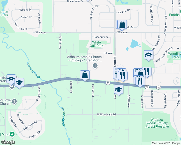 map of restaurants, bars, coffee shops, grocery stores, and more near 20959 South 82nd Avenue in Frankfort