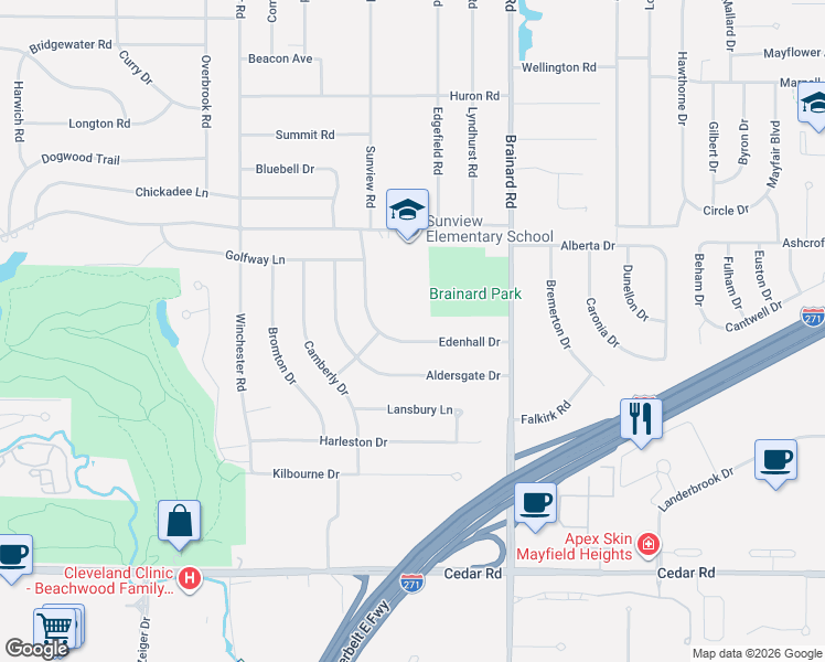 map of restaurants, bars, coffee shops, grocery stores, and more near 2021 Edenhall Drive in Lyndhurst