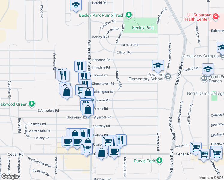 map of restaurants, bars, coffee shops, grocery stores, and more near 4102 Wilmington Road in South Euclid