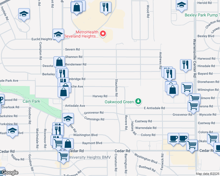 map of restaurants, bars, coffee shops, grocery stores, and more near 3648 Blanche Avenue in Cleveland Heights