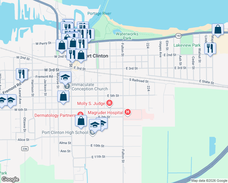 map of restaurants, bars, coffee shops, grocery stores, and more near 411 East 5th Street in Port Clinton