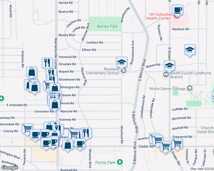 map of restaurants, bars, coffee shops, grocery stores, and more near 4197 Wilmington Road in South Euclid