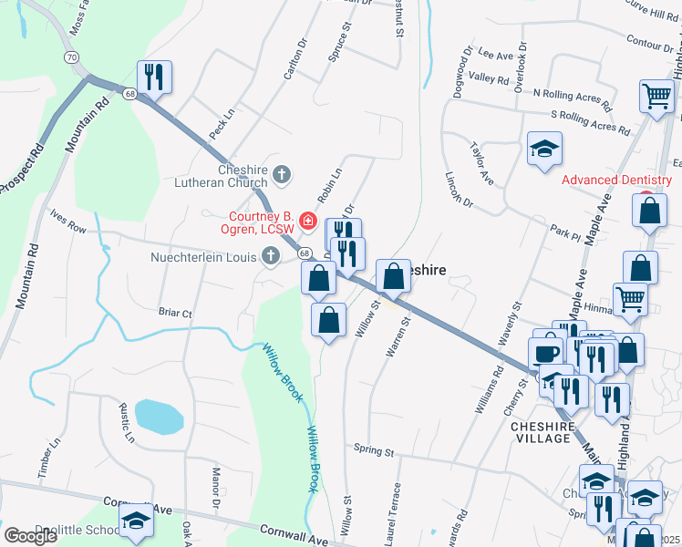 map of restaurants, bars, coffee shops, grocery stores, and more near 525 West Main Street in Cheshire