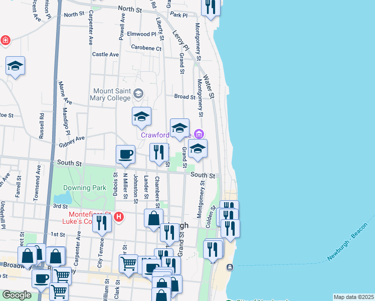 map of restaurants, bars, coffee shops, grocery stores, and more near 244 Grand Street in Newburgh