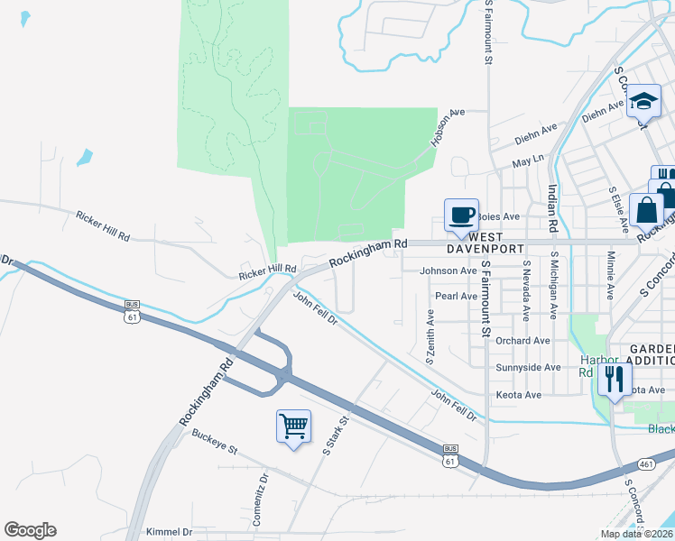 map of restaurants, bars, coffee shops, grocery stores, and more near 4025 Rockingham Road in Davenport
