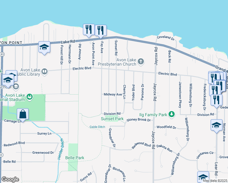 map of restaurants, bars, coffee shops, grocery stores, and more near 218 Sunset Road in Avon Lake