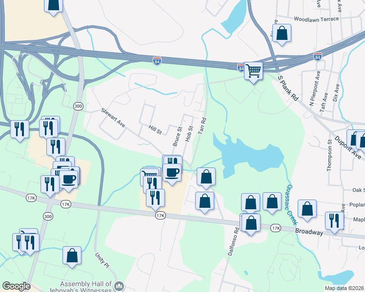 map of restaurants, bars, coffee shops, grocery stores, and more near 4 Hob Street in Newburgh