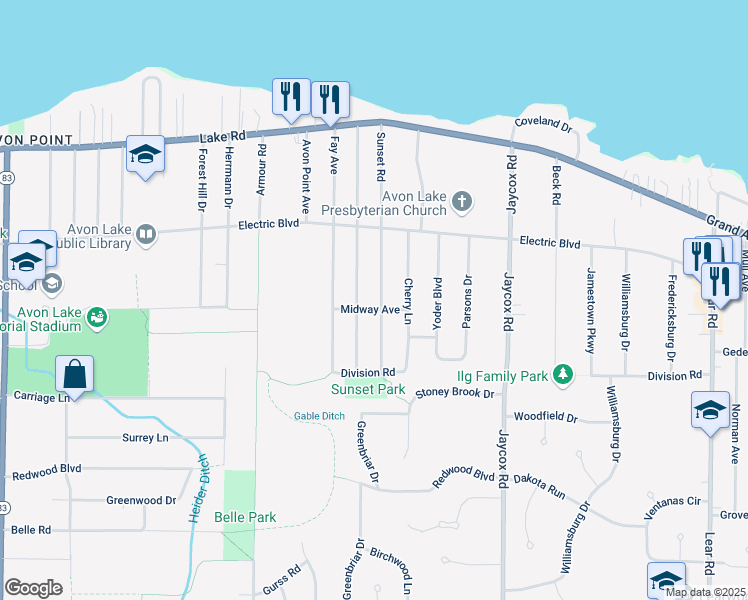 map of restaurants, bars, coffee shops, grocery stores, and more near 218 Sunset Road in Avon Lake