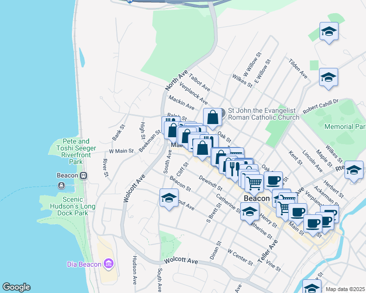 map of restaurants, bars, coffee shops, grocery stores, and more near 171 Main Street in Beacon