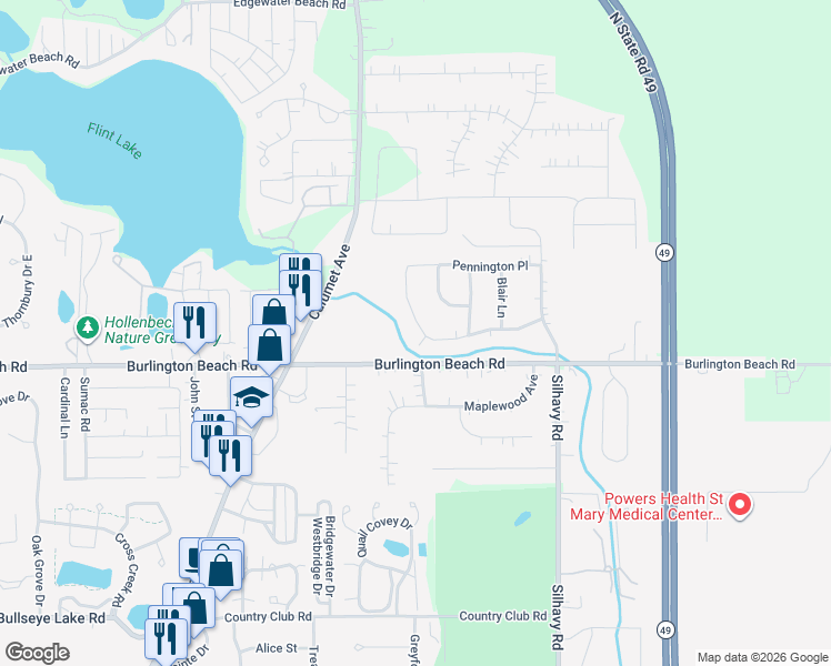 map of restaurants, bars, coffee shops, grocery stores, and more near 2308 Nottingham Drive in Valparaiso