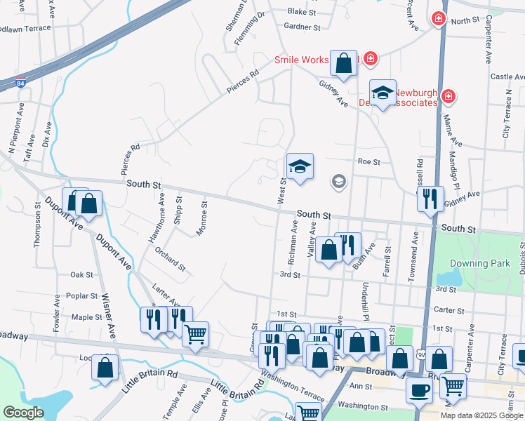 map of restaurants, bars, coffee shops, grocery stores, and more near 511 South Street in Newburgh