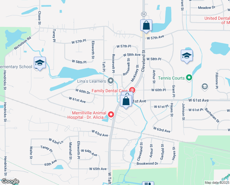 map of restaurants, bars, coffee shops, grocery stores, and more near 5971 Roosevelt Place in Merrillville