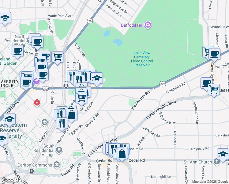 map of restaurants, bars, coffee shops, grocery stores, and more near 2417 Overlook Road in Cleveland Heights