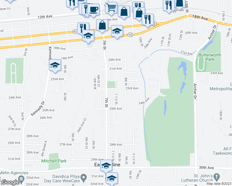 map of restaurants, bars, coffee shops, grocery stores, and more near 2300 7th 1/2 Street in East Moline