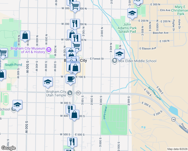 map of restaurants, bars, coffee shops, grocery stores, and more near 207 East 100 South in Brigham City