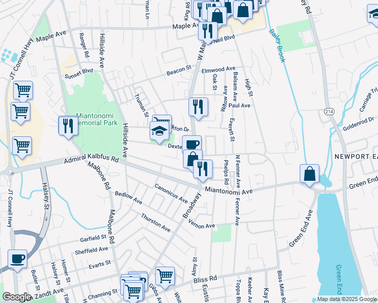 map of restaurants, bars, coffee shops, grocery stores, and more near 73 Dexter Street in Newport