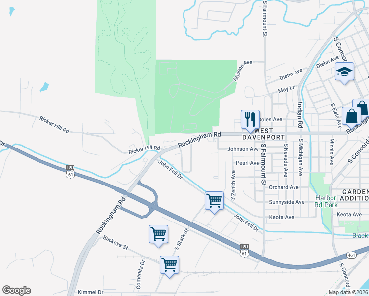 map of restaurants, bars, coffee shops, grocery stores, and more near 4025 Rockingham Road in Davenport