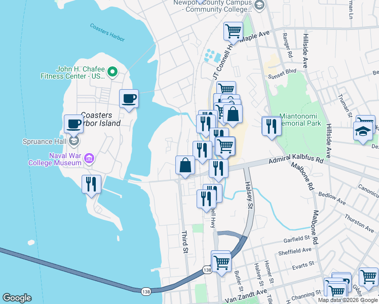 map of restaurants, bars, coffee shops, grocery stores, and more near 195 Admiral Kalbfus Road in Newport