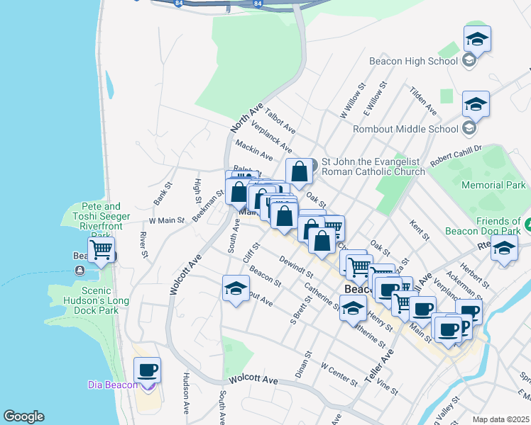 map of restaurants, bars, coffee shops, grocery stores, and more near 171 Main Street in Beacon