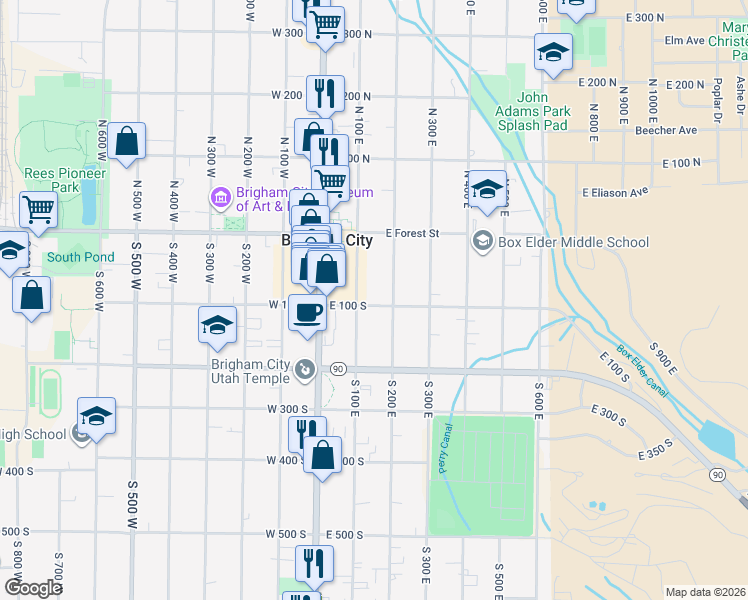 map of restaurants, bars, coffee shops, grocery stores, and more near 119 East 100 South in Brigham City