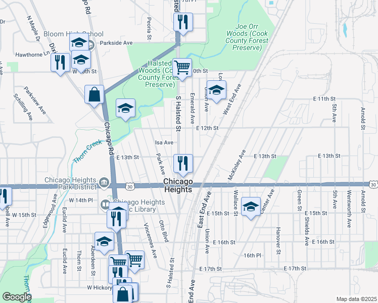 map of restaurants, bars, coffee shops, grocery stores, and more near 1240 Emerald Avenue in Chicago Heights