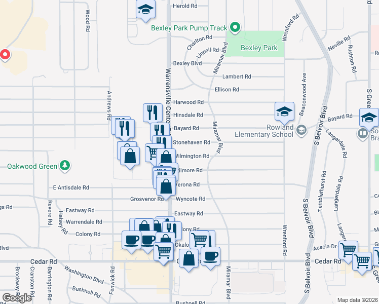 map of restaurants, bars, coffee shops, grocery stores, and more near 4056 Wilmington Road in South Euclid