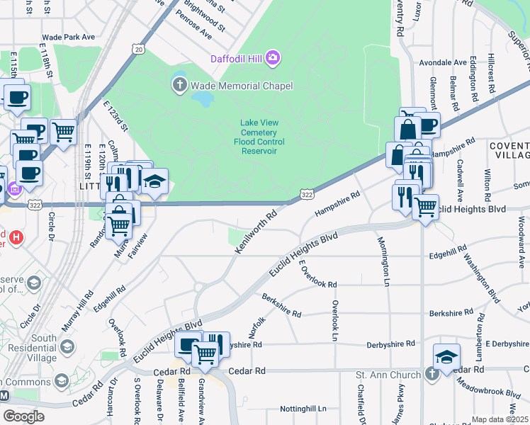 map of restaurants, bars, coffee shops, grocery stores, and more near in Cleveland Heights